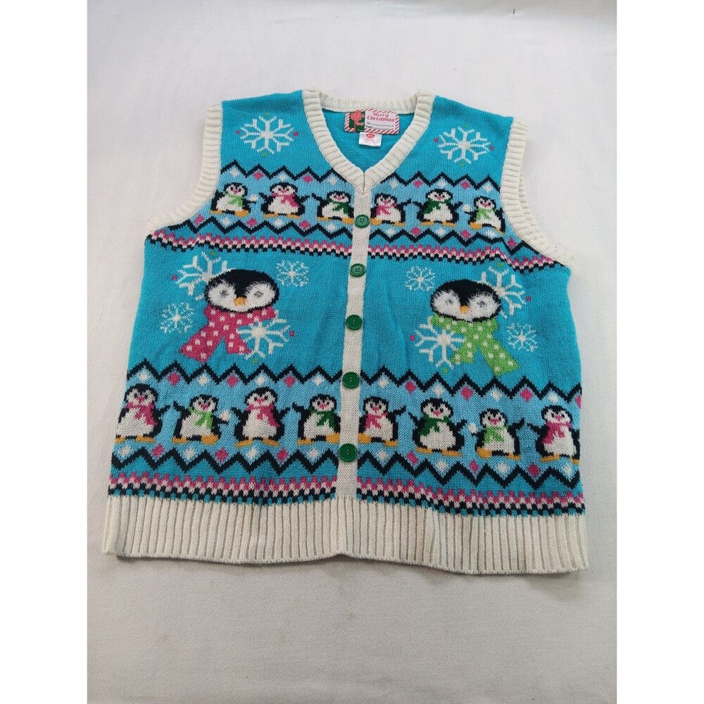 Vintage Christmas Knit Vest Women's Size XL Penguins Retro Buttons